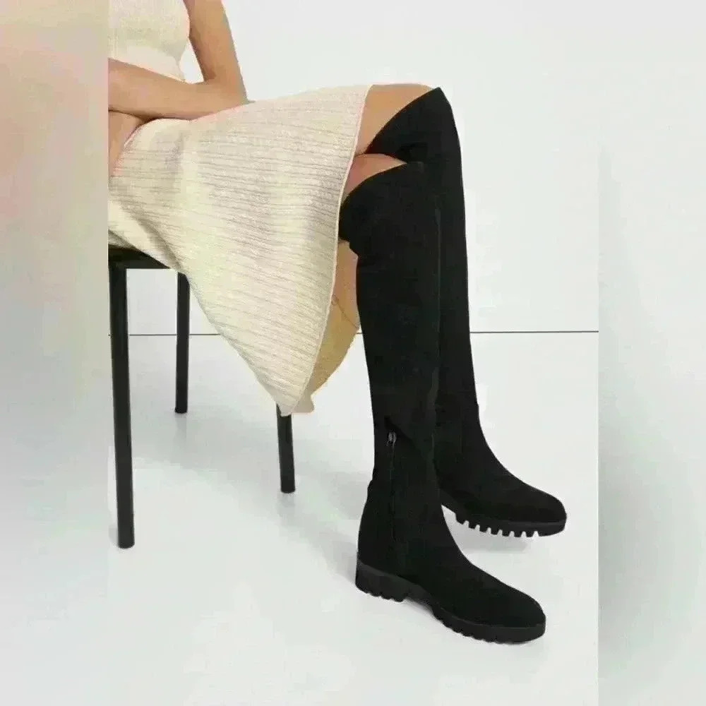Theory Black Faux Suede Over-the-Knee Boots Lug Sole | 37 - Picture 5 of 5